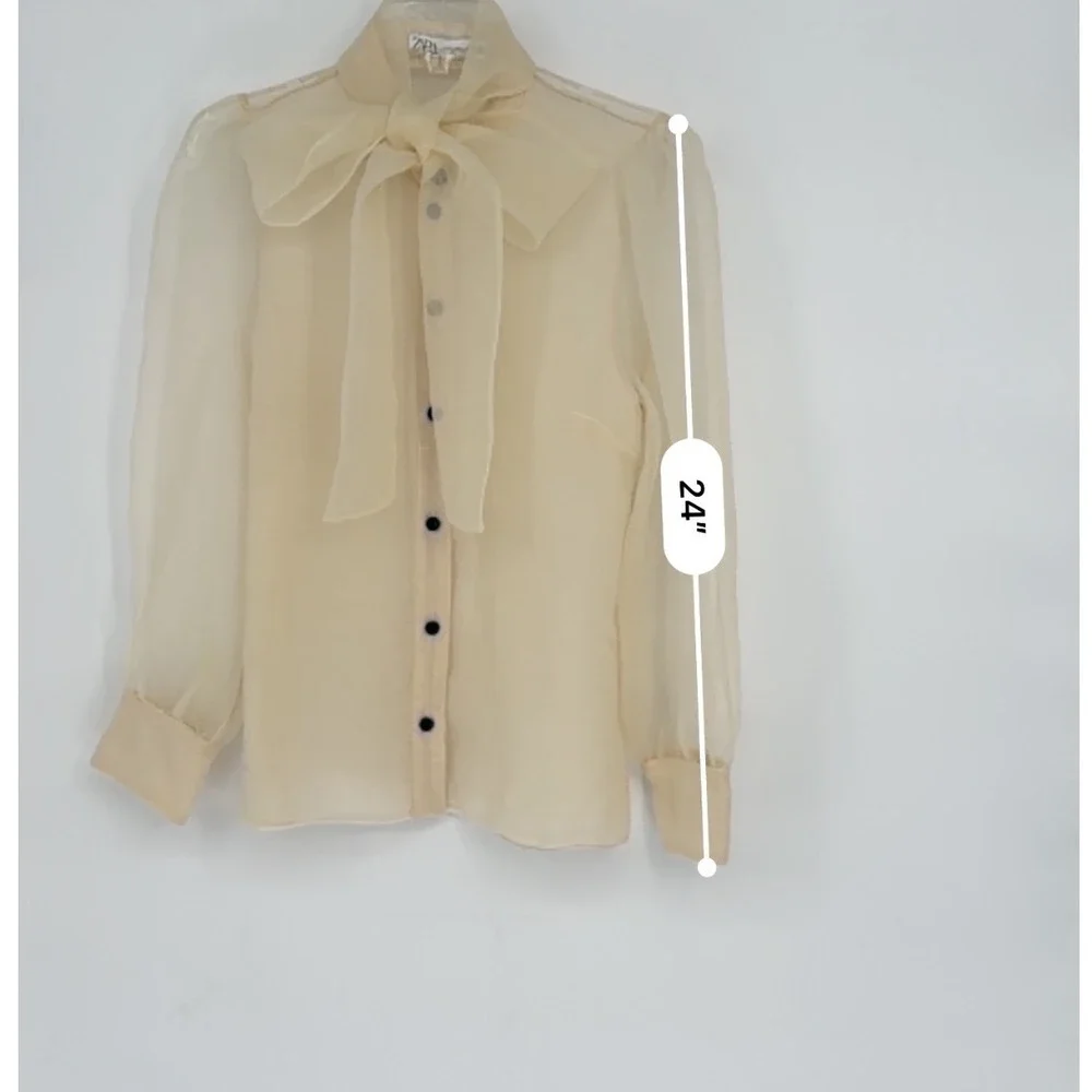 Zara Organza Bow Blouse Cream Sheer Button Front Top L Soft Femininity 102-08